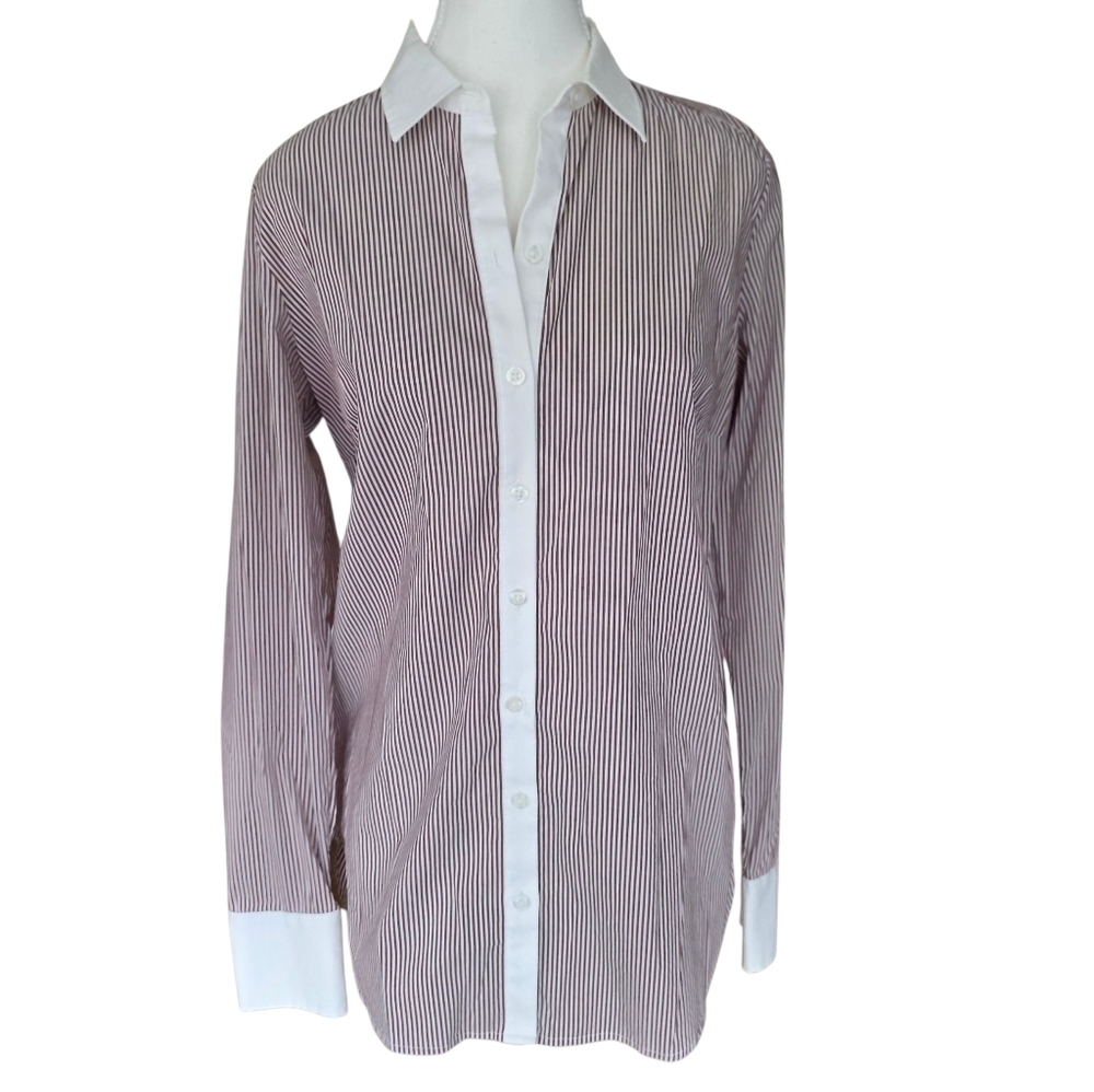 Ann Taylor Burgundy and White Striped Button Down Shirt Size 6